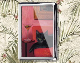Estuche para cigarrillos con forma de gato negro, estilo vintage, de metal