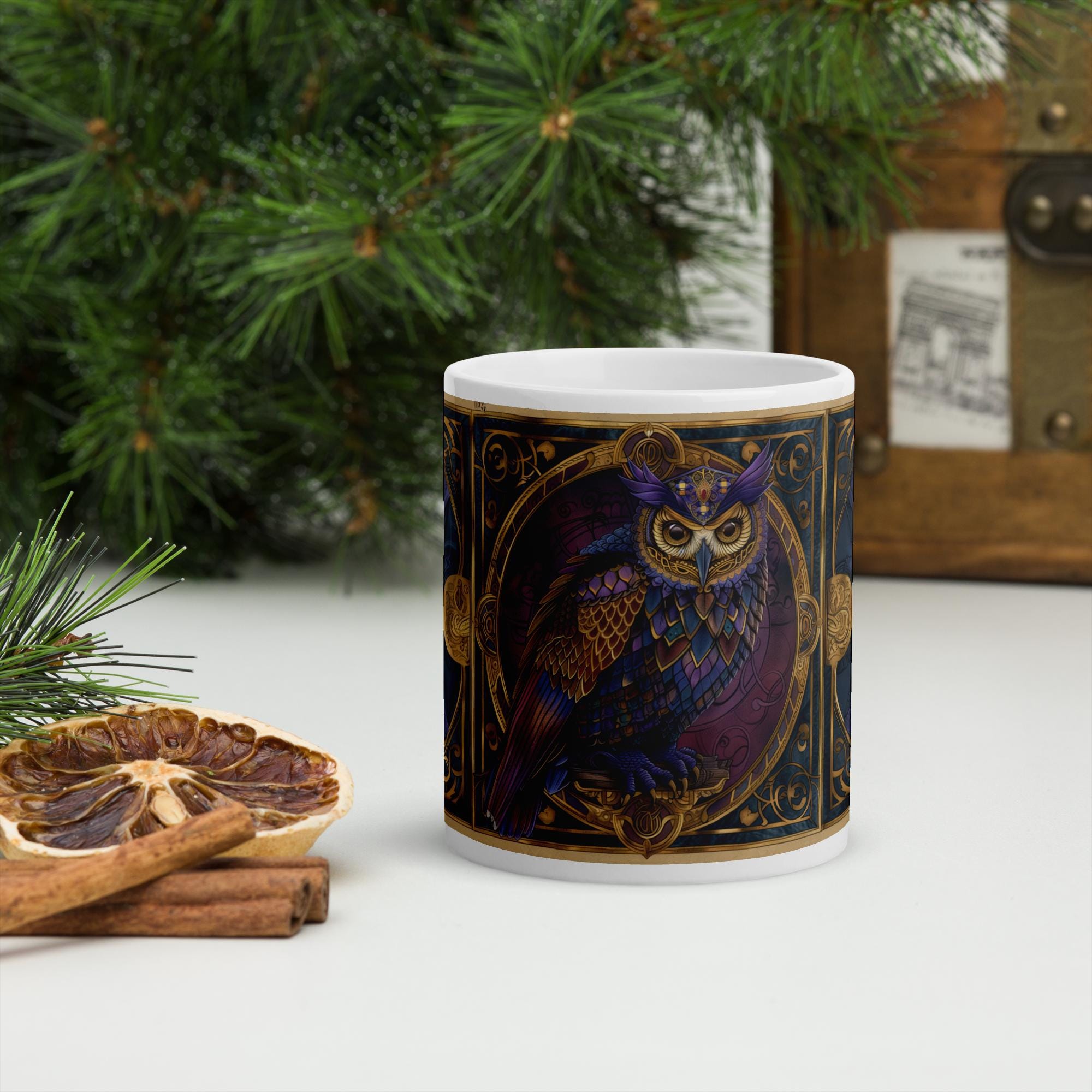 Majestic Owl Mug &ndash; Medieval Illuminated Manuscript Style, Gothic, Enchanted Bird Artwork, Gold