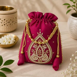 May include: A magenta drawstring pouch with gold beaded accents and a detailed embroidered design. The pouch features a gold beaded handle and tassel details. The embroidered design includes white and gold embellishments.