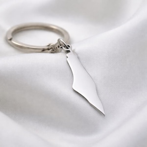 May include: A silver-colored keychain featuring a pendant shaped like a country's outline. The keychain has a circular ring and a small chain connecting to the pendant. The pendant is smooth and reflective, with a polished finish.