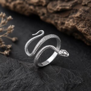 May include: A silver-toned metal ring shaped like a coiled snake. The band features a detailed, textured scale pattern across its entire surface, with the snake's head positioned at one end and the tail tapering to a point at the other end.