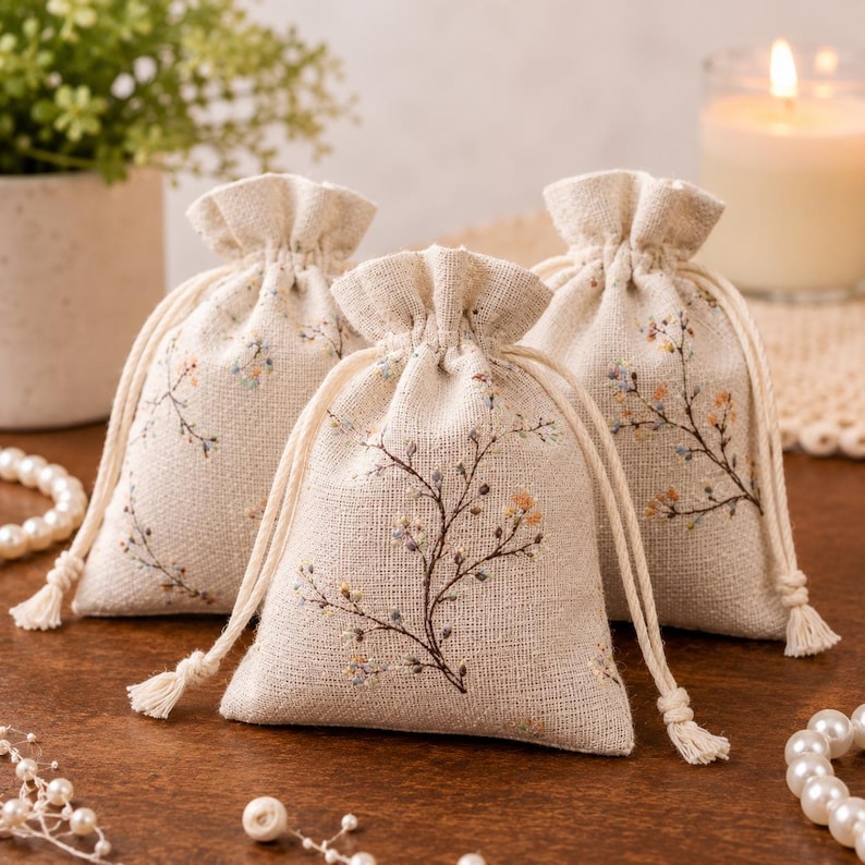 May include: Three small, beige drawstring pouches made of a textured fabric, each featuring a delicate, embroidered pattern of thin brown branches with tiny, soft-colored floral accents in shades of yellow, blue, and white.