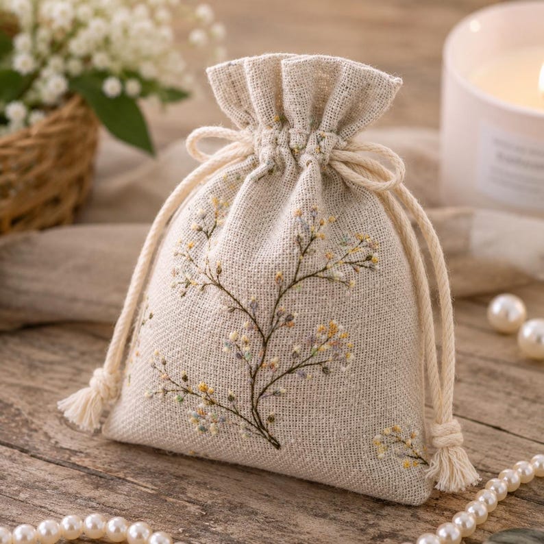 Floral Jute Drawstring Gift Pouches Set of 10 | Reusable Favor Bags for Jewelry | Small Gifting Bags | Birthday Party Return Gifts Bag image 2