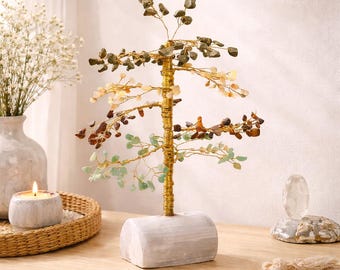 Árbol de Cristales de la Riqueza, Árbol de los 7 Chakras, Árbol de Piedras Preciosas Naturales, Árbol con Base de Selenita Envuelta en Alambre Dorado, Árbol de Cristales Curativos, Árbol del Dinero