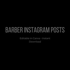 Könnte beinhalten: Schwarzer Hintergrund mit dem grauen Text "BARBER INSTAGRAM POSTS". Darunter steht "Editable in Canva • Instant Download". Das Bild ist ein digitales Produkt.