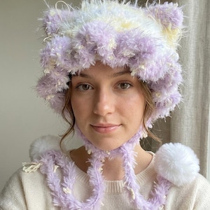 Dreamy Macaron Pastel Cat Ear Hat, Fluffy Fuzzy Crochet Trapper with Pom‑Poms, Whimsical Fairycore Winter Accessory
