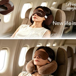 May include: A brown sleep mask with the text Beduxe and matching brown ear muffs, shown in a set with a brown travel neck pillow. The image includes the text Wedding anniversary and New life is easy in white font against an airplane cabin.