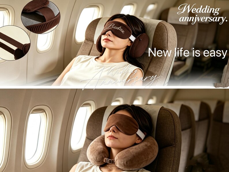 May include: A brown sleep mask with the text Beduxe and matching brown ear muffs, shown in a set with a brown travel neck pillow. The image includes the text Wedding anniversary and New life is easy in white font against an airplane cabin.