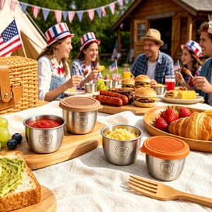 May include: Four small stainless steel food containers with bear-engraved logos and silicone lids in brown and orange. The containers are arranged on a white fabric surface alongside a picnic basket, fresh grapes, a slice of avocado toast, and a wooden fork.