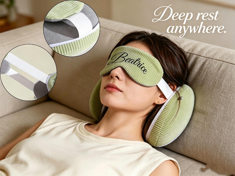 May include: A sage green corduroy sleep mask with the name Beatrice embroidered in black script, featuring a white elastic strap and matching side cushions. The text Deep rest anywhere is visible in the upper right corner of the image.