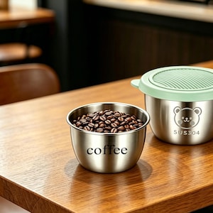 May include: Two stainless steel bowls with a metallic finish. One open bowl is filled with dark roasted coffee beans and features the word coffee printed on the side. The other bowl has a light green lid and a bear graphic with the text SUS304.