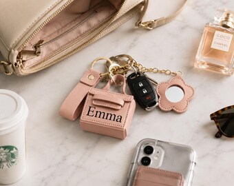Personalized PU Leather Bag Charm with Mirror Custom Name Keychain Organizer Pouch Wedding Favor Bridesmaid Gift for Her Birthday