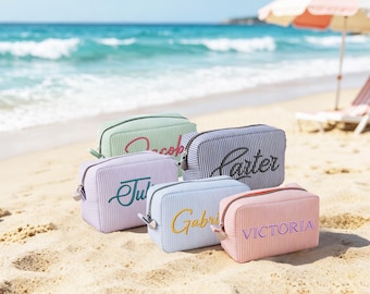 Personalized Striped Makeup Bag, Embroidered Travel Pouch, Custom Name Cosmetic Bag, Bridesmaid Proposal Gift, Beach Vacation Essentials