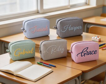 Custom Embroidered Striped Cosmetic Bag, Personalized Name Toiletry Pouch, Teacher Appreciation Gift, College Student Back to School