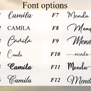 K&ouml;nnte beinhalten: Ein wei&szlig;er Hintergrund zeigt Schriftoptionen mit dem Text "Font options" oben. Das Bild zeigt 12 verschiedene Schriftarten mit den Namen "Camila" und "Menda" in verschiedenen Schreib- und Blockschriftarten. Jede Schriftart ist mit einem "F" und einer Nummer gekennzeichnet.