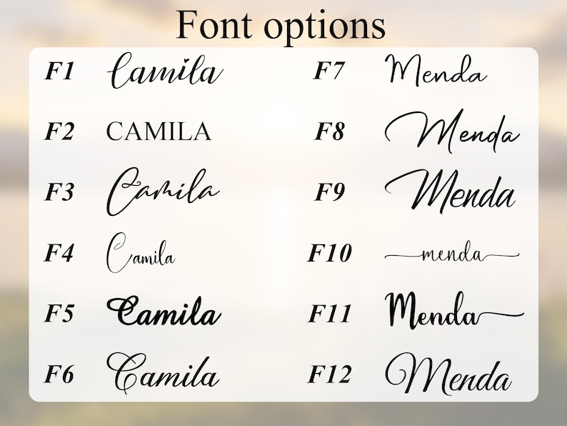 K&ouml;nnte beinhalten: Ein wei&szlig;er Hintergrund zeigt Schriftoptionen mit dem Text "Font options" oben. Das Bild zeigt 12 verschiedene Schriftarten mit den Namen "Camila" und "Menda" in verschiedenen Schreib- und Blockschriftarten. Jede Schriftart ist mit einem "F" und einer Nummer gekennzeichnet.