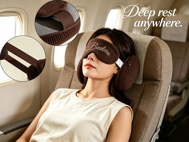 May include: A brown corduroy sleep mask with the embroidered text "Beature" and integrated side ear cushions. The mask features a wide elastic strap for secure placement, designed to cover the eyes and ears for light and sound reduction.