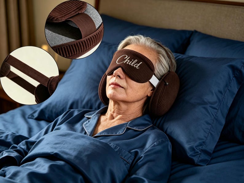 May include: A brown sleep mask with integrated ear muffs featuring the word Child embroidered in white script. The mask includes a wide elastic strap and a soft interior lining, designed to cover the eyes and ears for light and sound reduction.