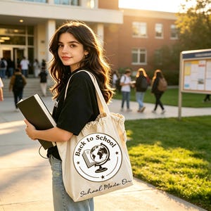 May include: A beige canvas tote bag featuring a circular graphic with a globe and an open book, surrounded by the text Back to School and School Mode On. The bag has a gathered top edge and two shoulder straps, shown in a campus setting.