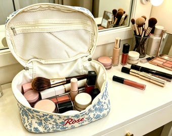 Puffy Quilted Makeup Bag, Personalized Embroidered Travel Toiletry Bag, Bridesmaid Gift