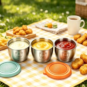 May include: Three stainless steel condiment cups with bear engravings and the text SUS304, each filled with different sauces. Two round lids in light blue and orange are placed in front. The cups are arranged on a yellow and white checkered picnic blanket.