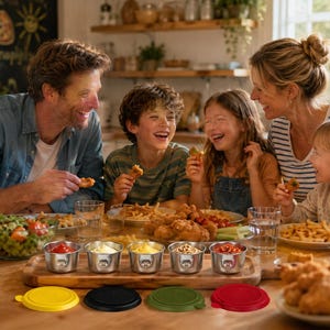 May include: A family enjoys a meal together at a wooden table. Stainless steel sauce cups with colorful lids are in the foreground. The table is laden with fried chicken, fries, and salad. A chalkboard with pizza art is in the background.