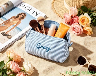Personalisierte gestreifte Make-up Tasche Kundenspezifische gestickte Name Kosmetiktasche, Abschlussgeschenk, Brautjungfer Geschenk, Sommerreise-Kulturtasche