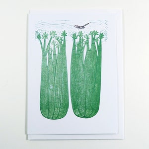 Celery greetings card, from original lino print by Patrick Kennedy.