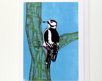 The lesser spotted woodpecker is a often heard not so often seen bird, from original lino print by Patrick Kennedy.