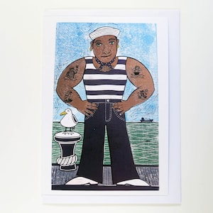 Salty Jim, a harbour side hunk, from original lino print by Patrick Kennedy.