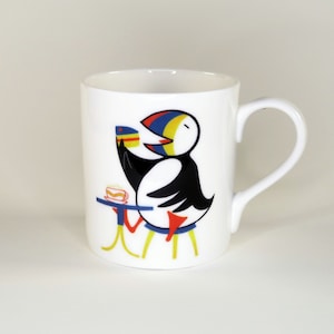 Puffin Cafe Fine Bone China Mug Made in the UK| Lino print Design | Puffin Design Mug | Patrick Kennedy