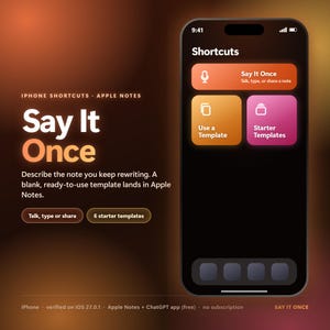 Könnte beinhalten: Ein Smartphone-Bildschirm zeigt die Benutzeroberfläche der Kurzbefehle-App mit dem Titel Say It Once. Der Bildschirm enthält Schaltflächen mit der Beschriftung Say It Once, Use a Template und Starter Templates. Text umfasst iPhone Shortcuts, Apple Notes und Talk, type or share.