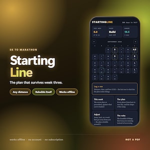 May include: A digital interface for the Starting Line 5K to Marathon app displayed on a smartphone screen. The dark-themed UI features a calendar for September 2026, progress metrics, and text sections labeled Log a run, This week, The plan, Adjust, and The rules.