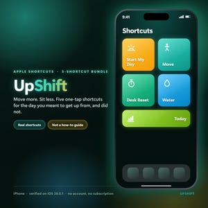 Op de afbeelding: Een smartphonescherm met de UpShift Apple Shortcuts-bundel. De interface bevat vijf kleurrijke, afgeronde rechthoekige knoppen met de labels Start My Day, Move, Desk Reset, Water en Today, tegen een donkergroene gradiëntachtergrond.