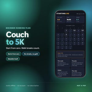 May include: A digital interface for a beginner running plan titled Couch to 5K. The screen displays a calendar for September 2026, progress metrics, and buttons labeled Starts from zero, No streaks, no guilt, and Rebuilds itself on a dark background.
