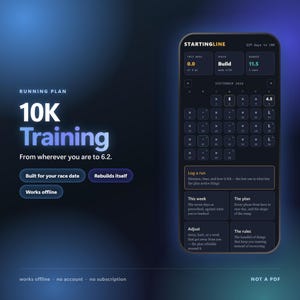 以下が含まれることがあります： スマートフォン画面に表示された10Kトレーニングアプリのデジタルインターフェース。ダークテーマのUIには、カレンダー、進捗指標、およびStartingline、10K Training、From wherever you are to 6.2、Log a runなどのテキストが含まれています。