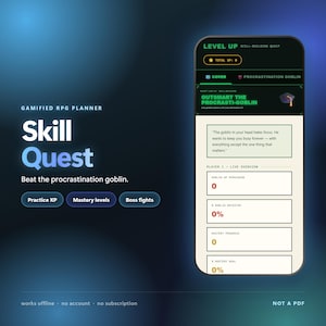 May include: A digital interface for a gamified RPG planner titled Skill Quest, displayed on a smartphone screen. The app features a dark theme with neon green text, including a quest to outsmart the procra-sti-goblin and various progress trackers.