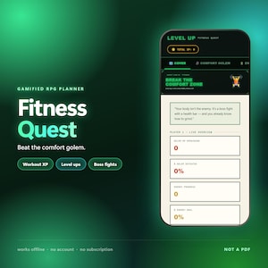 May include: A digital gamified RPG fitness planner interface displayed on a smartphone screen. The app features a dark theme with green accents, showing text like Fitness Quest, Break the Comfort Zone, and various progress trackers for Golem HP and energy.