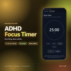 ADHD Focus Timer App | Pomodoro Study and Work Timer 5 10 25 50 Min | Body Doubling Deep Work Tool | No Subscription