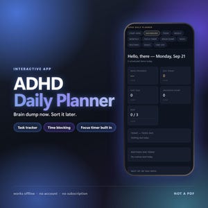 Puede incluir: Una interfaz de aplicación interactiva ADHD Daily Planner en la pantalla de un teléfono inteligente. El panel oscuro muestra secciones para el progreso semanal, tareas pendientes y rutinas. El texto incluye: "Brain dump now. Sort it later."