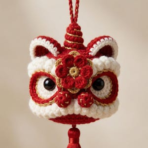 Handmade Crochet Lion Keychain, Chinese Guardian Lion Amulet, Lucky Bag Charm, Wealth & Protection Gift