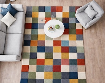 Handtuftad ullmatta, flerfärgad geometrisk schackrutig design