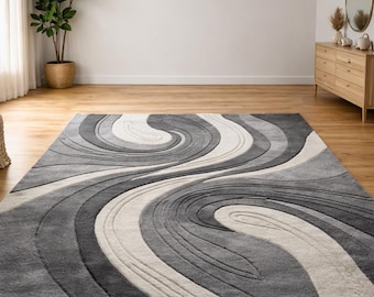 Modern Abstract Grey White Area Rug, Soft Plush Textured Swirl Design for Living Room Bedroom Home Decor