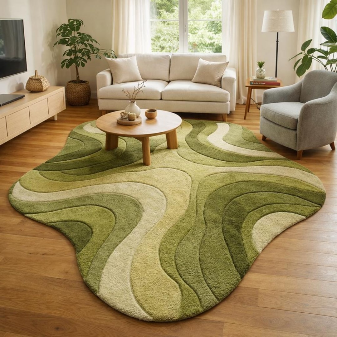 Handmade Green Abstract Rug, Wavy Tufted Area Rug - Etsy