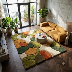 Contemporary Abstract Rug, Organic Pebble Shapes Area Rug, Forest Green Terracotta & Cream, Modern Bedroom Living Room Floor Decor