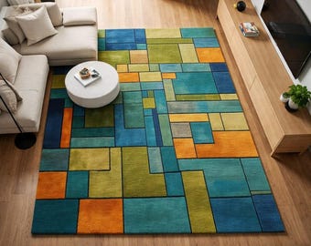 Modern Geometric Area Rug, Multicolor Abstract Carpet, Contemporary Living Room Floor Rug Home Decor
