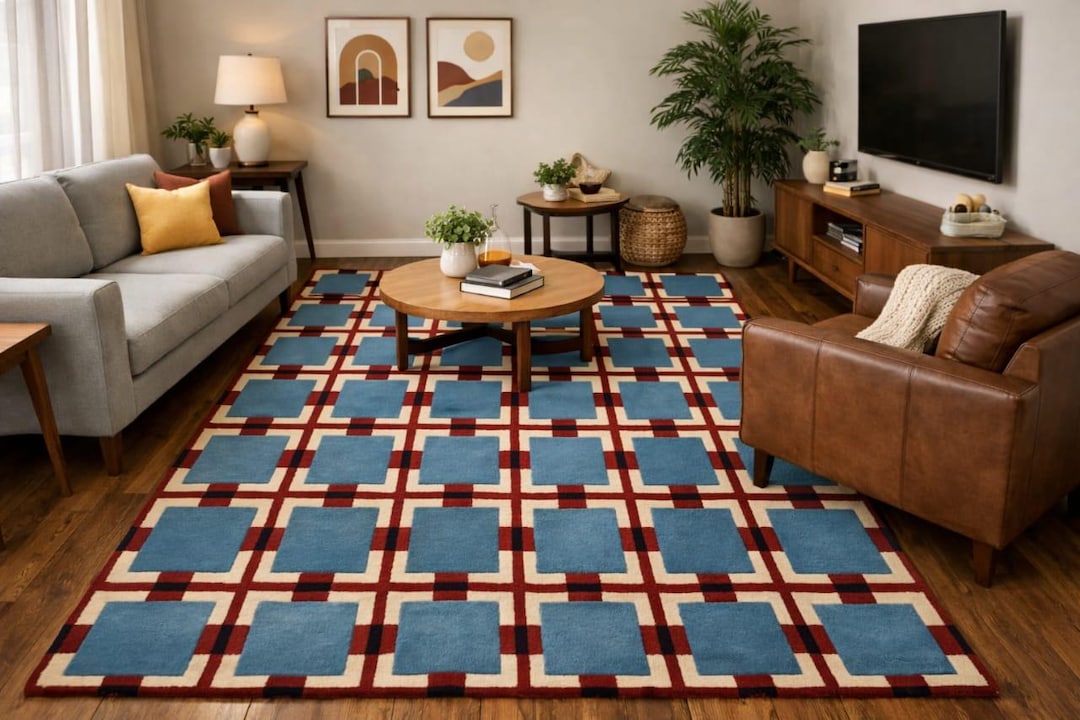 Geometric Grid Area Rug: Blue, Ivory, and Rust, Mid-century Modern - Etsy