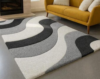 Modern Abstract Area Rug Grey Black White | Contemporary Wave Pattern Carpet for Living Room Bedroom Home Décor