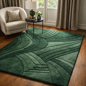 Alfombra de lana tejida a mano, color verde / Diseño abstracto tallado en 3D / Alfombra moderna de felpa / Alfombra de decoración premium para el hogar