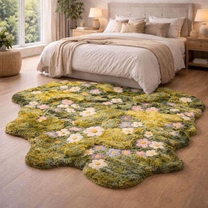 May include: A green and yellow floral area rug with white, pink, and blue flower accents. The rug has an irregular shape and is placed on a wooden floor in a bedroom setting. The rug is under a bed with white bedding.